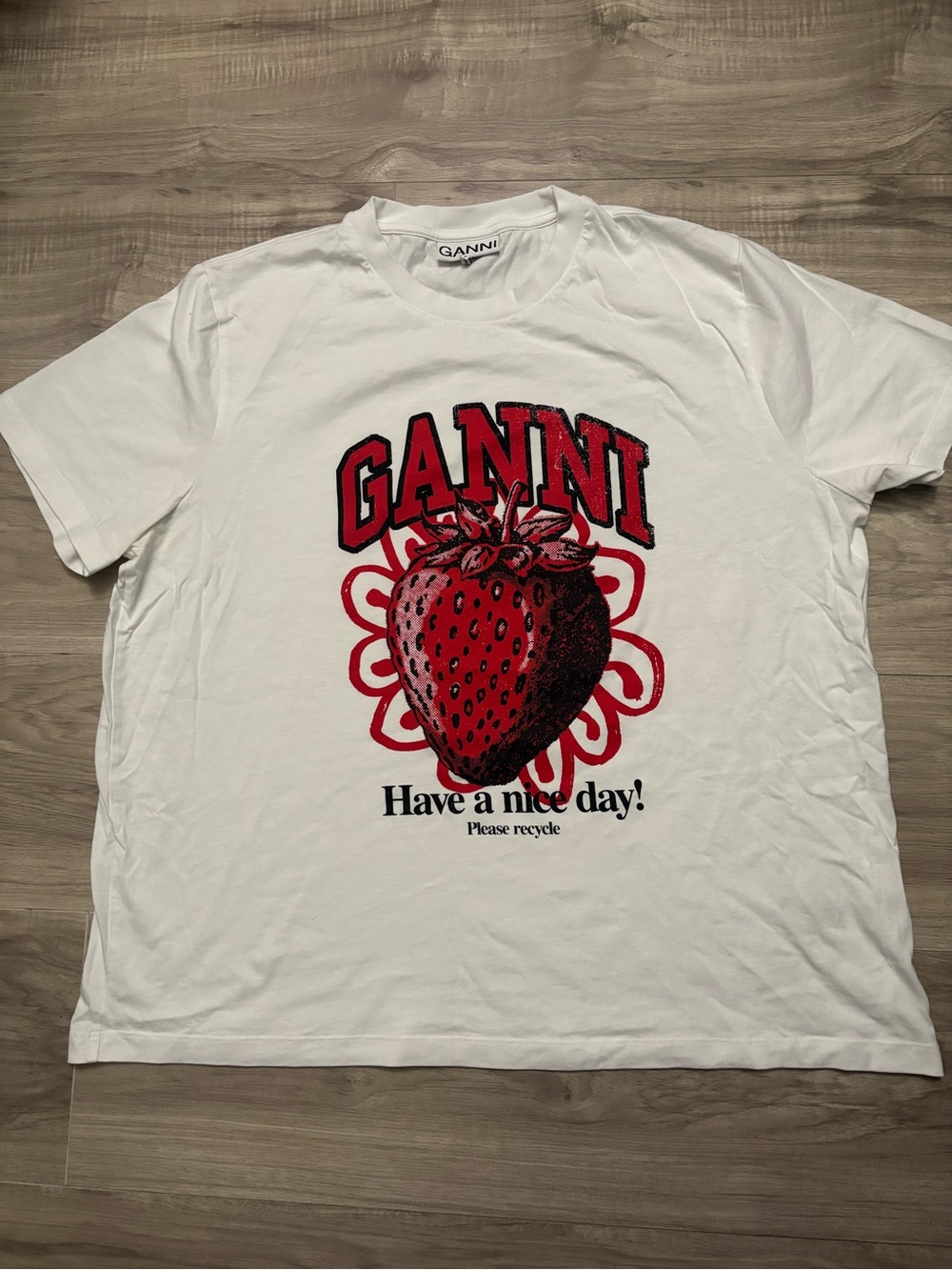 Ganni White Short-Sleeve Tee with Red Strawberry Graphic